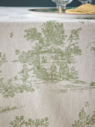 Jouy-inspired woven cotton tablecloth with linen-look