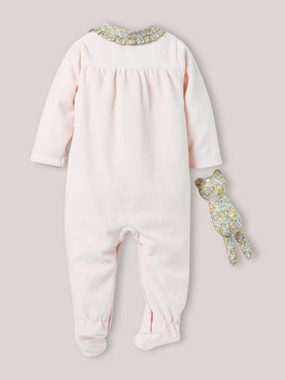 Baby's velour sleepsuit with collar and plush toy with Liberty fabric